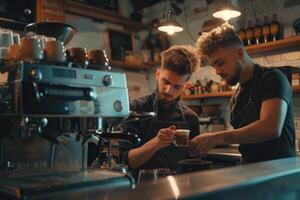 profissional barista ensina jovem homem quão para faço café. foto