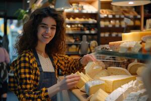 fêmea cliente Delicatessen Comida loja comprando local queijo a partir de Adolescência vendas assistente foto