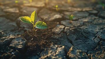 Novo plantas crescendo em rachado solo luz solar brilha através foto