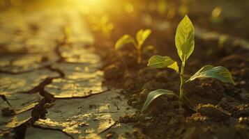 Novo plantas crescendo em rachado solo luz solar brilha através foto