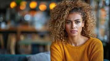 uma mulher com encaracolado cabelo sentado em uma moderno sofá dentro uma vivo quarto foto