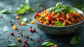 uma tigela preenchidas com Comida colocada em topo do uma mesa foto