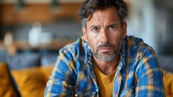 uma homem sentado em topo do uma brilhante amarelo sofá foto