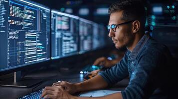 uma homem sentado dentro frente do dois computador monitores, trabalhando diligentemente foto