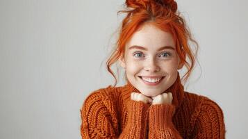 uma mulher com vermelho cabelo vestido dentro a laranja suéter foto