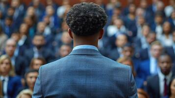 uma homem em pé dentro frente do uma ampla multidão do pessoas foto