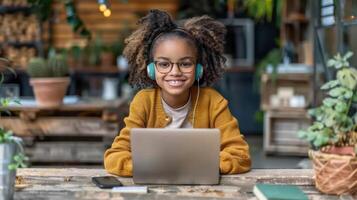 jovem menina sentado às mesa, usando computador portátil computador foto