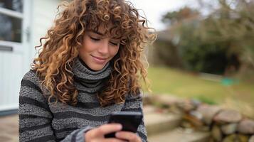 uma mulher com encaracolado cabelo usando uma célula telefone foto