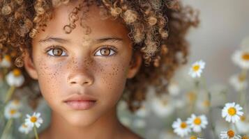 uma jovem menina com sardas em dela face foto