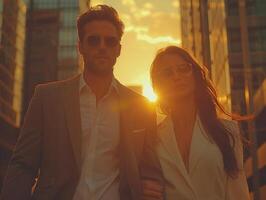 homem e mulher caminhando juntos em rua durante pôr do sol foto