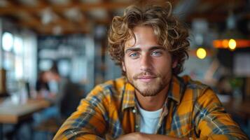 uma homem com encaracolado cabelo sentado pacificamente às uma mesa foto