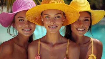 três mulheres dentro colorida chapéus desfrutando à beira da piscina relaxamento foto