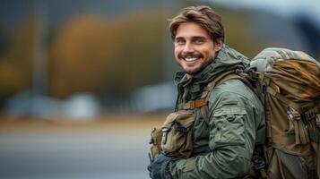 uma homem vestindo uma mochila sorrisos para a Câmera foto