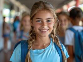 uma jovem menina com tranças sorrisos às a Câmera foto