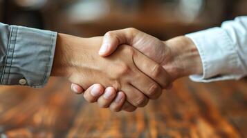 dois indivíduos se empenhar dentro uma aperto de mão, mostrando uma gesto do acordo ou cumprimento foto