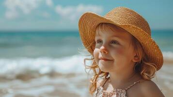 uma jovem fêmea criança dentro uma Palha chapéu em pé em uma arenoso de praia foto