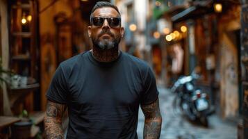 uma homem com tatuagens vestindo uma Preto camisa e oculos de sol foto