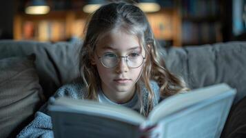 uma jovem menina imerso dentro uma livro enquanto sentado em uma sofá foto