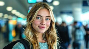 uma Loiras mulher em pé dentro uma ocupado aeroporto terminal foto