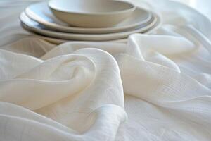 linho papel toalha de mesa incorporando delicado beleza. Eterno elegância conceito. ai imagem foto
