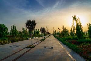 cidade parque dentro cedo verão ou Primavera com pavimento, lanternas, jovem verde grama, árvores e dramático nublado céu em uma pôr do sol ou nascer do sol. foto