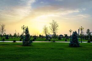 cidade parque dentro cedo verão ou Primavera com lanternas, jovem verde grama, árvores e dramático nublado céu em uma pôr do sol ou nascer do sol. foto