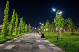 cidade noite parque dentro cedo verão ou Primavera com pavimento, lanternas, jovem verde gramado e árvores foto