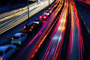 carro tráfego luz às noite cidade. foto