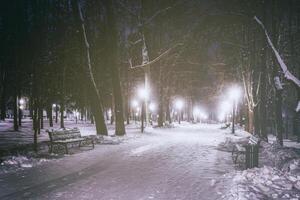 inverno noite parque com árvores, brilhando lanternas e bancos coberto com neve. vintage filme estética. foto