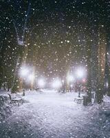 queda de neve dentro uma inverno parque às noite com brilhando lanternas, calçada coberto com neve e árvores vintage filme estética. foto