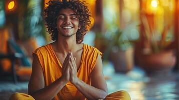 uma homem sentado de pernas cruzadas com olhos fechado, profundo dentro meditação foto