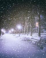 queda de neve dentro uma inverno parque às noite com brilhando lanternas, calçada coberto com neve e árvores vintage filme estética. foto