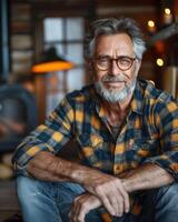 uma homem com uma barba e óculos senta dentro frente do uma lareira foto