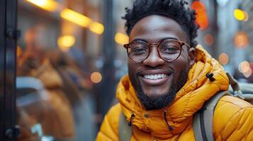 uma homem vestindo óculos e uma amarelo Jaqueta em pé foto