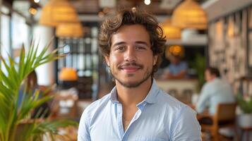 uma homem com encaracolado cabelo em pé dentro uma ocupado restaurante foto