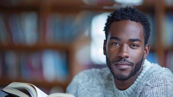 uma homem sentado e lendo uma livro no meio prateleiras do livros dentro uma biblioteca foto