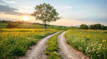 uma sujeira estrada com uma árvore crescendo em a lado do isto debaixo uma Claro céu foto