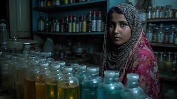 pensativo jovem menina entre garrafas dentro uma tradicional farmacêutico foto