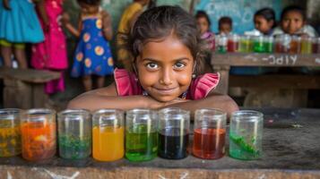 jovem menina sorrisos atrás uma linha do colorida frascos dentro rural contexto. foto