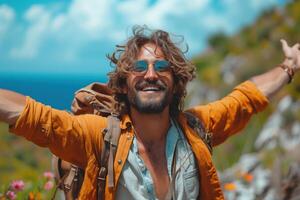 alegre homem com aberto braços desfrutando liberdade em uma ensolarado costeiro caminhar foto