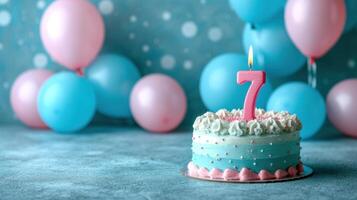 sétimo aniversário celebração bolo cercado de pastel balões. foto