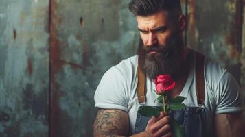 contraste do força e gentileza. muscular, tatuado homem com uma rosa. foto