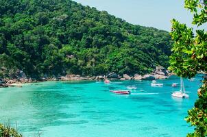 tropical ilhas do oceano azul mar água e branco areia de praia às similan ilhas com famoso vela pedra, phang nga Tailândia natureza panorama foto