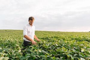 retrato do jovem agricultor em pé dentro soja campo foto