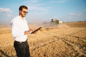 feliz agricultor dentro a campo verificação milho plantas durante uma ensolarado verão dia, agricultura e Comida Produção conceito foto