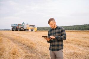 jovem atraente agricultor com computador portátil em pé dentro trigo campo com combinar colheitadeira dentro fundo. foto