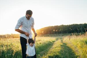 bonito Papai com dele pequeno fofa filho estão tendo Diversão e jogando em verde gramíneo grama. feliz família conceito. beleza natureza cena com família ao ar livre estilo de vida. família em repouso junto. pais dia. foto