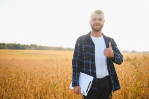 agrônomo inspecionando soja feijão cultivo crescendo dentro a Fazenda campo. agricultura Produção conceito. jovem agrônomo examina soja colheita em campo. agricultor em soja campo. foto