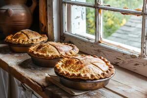 fresco cozido tortas em janela peitoril foto