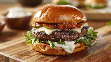 suculento Hamburguer de queijo com gourmet coberturas foto